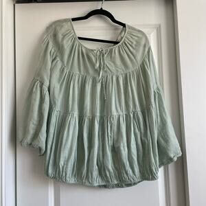 JP & Mattie Boho 100% Cotton Green Lagenlook Crinkle Top Size M